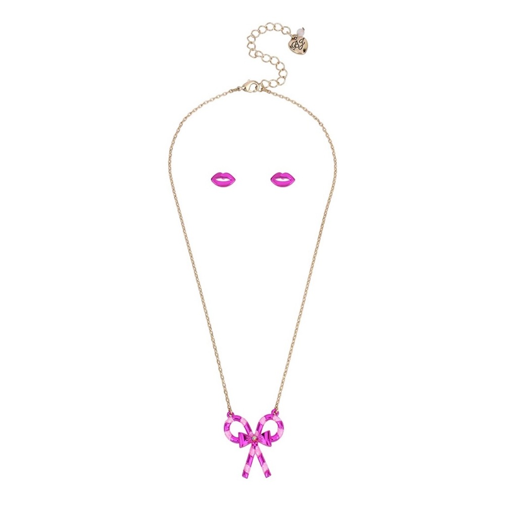 Betsey Johnson Candy Cane Bow Necklace & Lips Earrings Set